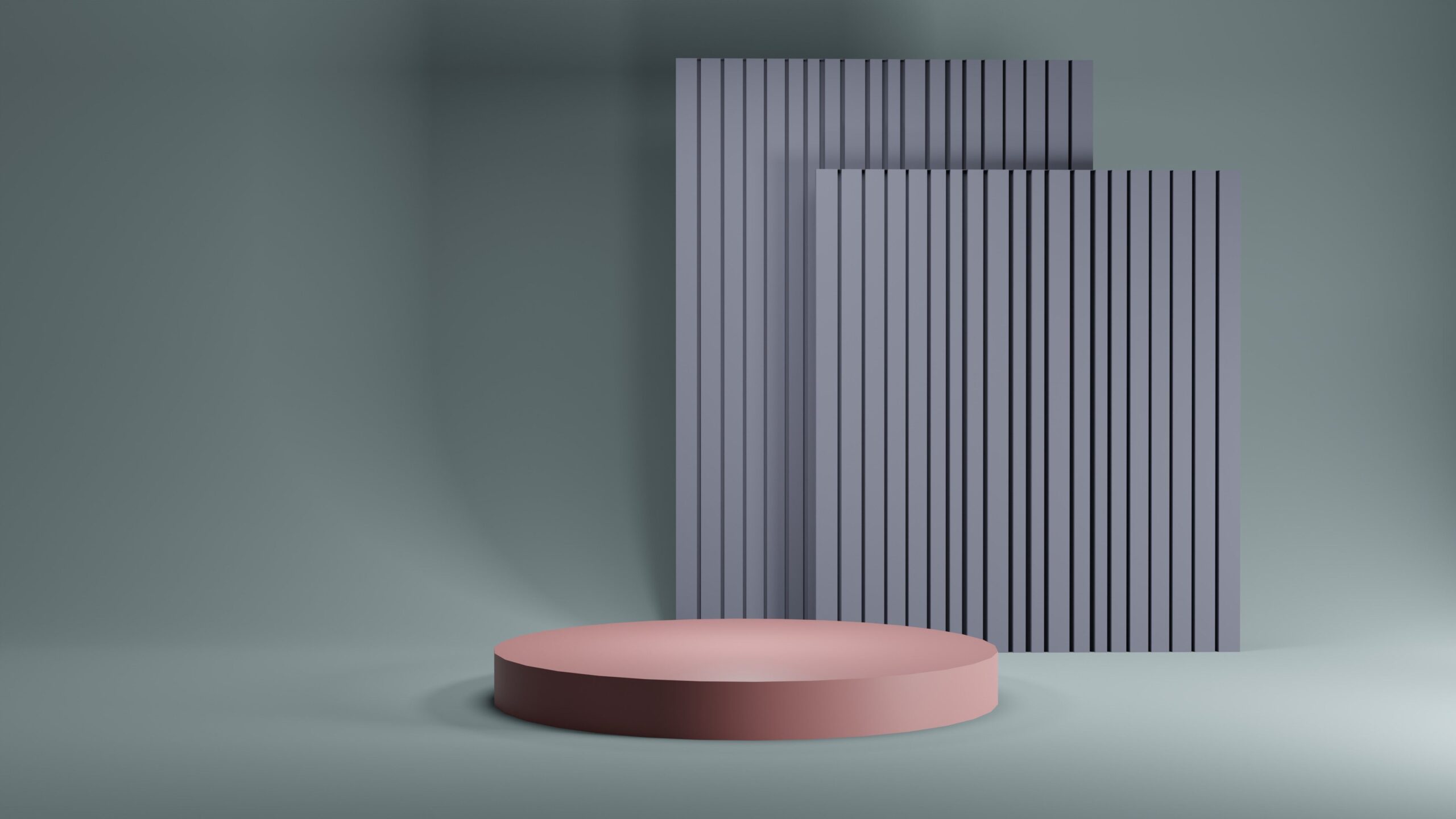 3D rendering of a minimalist abstract scene with pink podium and gray vertical panels on a muted background.