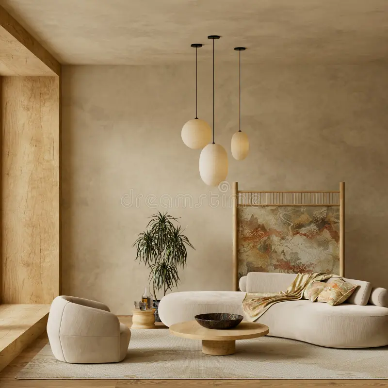 warm toned minimalist japandi living room interior featuring natural wood furniture soft lighting organic textures calm 429779145